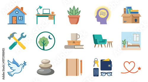 A collection of icons representing home, work, relaxation, and personal well-being.