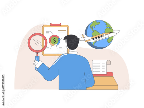 A man examining financial data with a magnifying glass while considering global opportunities. Tariff illustrations. Flat vector concepts.