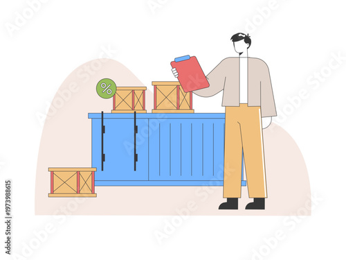 A warehouse manager or worker performing a stock check or inventory management task. Tariff illustrations. Flat vector concepts.