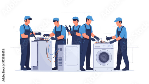 Service Technicians at Work: Five skilled service technicians are hard at work, fixing washing machine, demonstrating their expertise and commitment to quality appliance repair.