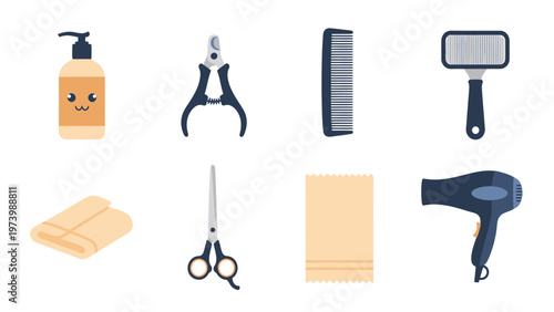 Pet Grooming Tools Collection. Dog and Cat Care Essentials: Shampoo, Clippers, Brush, Comb, Scissors, Towel, Hair Dryer