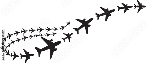 Airplanes flying in formation on white background