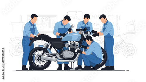 Motorcycle Mechanics at Work: A team of skilled mechanics meticulously repairs and maintains a sleek motorcycle, demonstrating precision and expertise in their craft. 