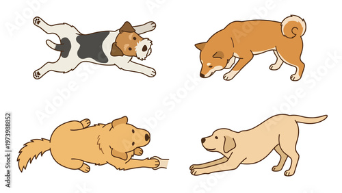 Cute cartoon dogs in various playful poses. Vector illustration set of diverse dog breeds like Shiba Inu, Golden Retriever, Fox Terrier