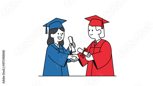 Graduation ceremony: Happy students in caps and gowns shaking hands, celebrating academic success and receiving diplomas.