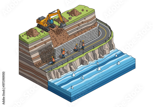 Road construction and repair on a coastal highway, with excavation and retaining wall being built by workers