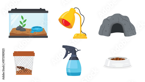 Reptile & Small Animal Pet Care Supplies Set: Terrarium, Heat Lamp, Hide, Feeder, Mister, Food Bowl. Essential Habitat Equipment.
