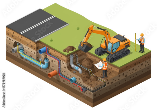 Construction workers and excavator at road construction site with underground utilities and piping systems