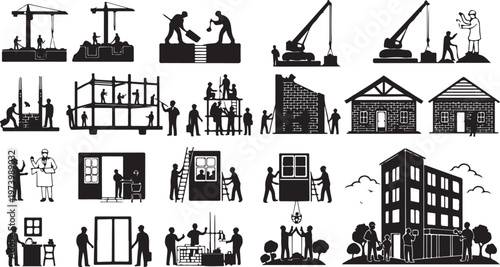 Construction Workers and Buildings Silhouette Icons Set