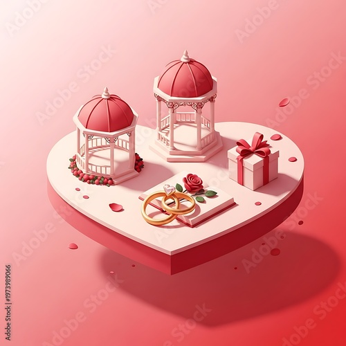 Stylized whimsical wedding scene with heart shaped platform render design
