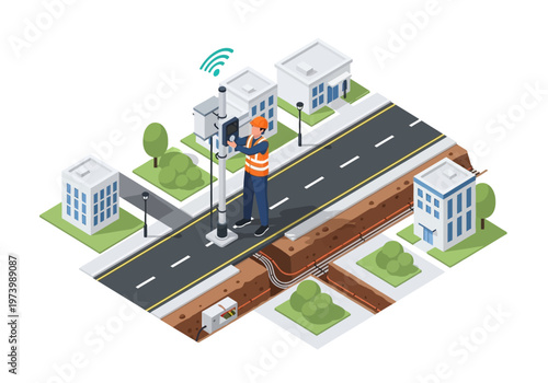 Internet infrastructure development Technician installs new communication tower on city street, demonstrating connectivity progress