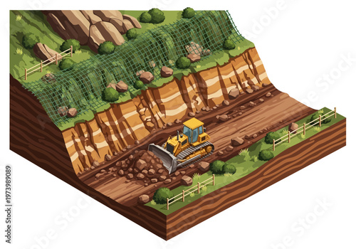 Construction bulldozer working on a hillside road with retaining net and rocks