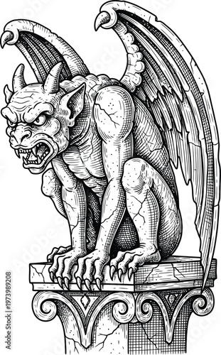Detailed illustration of a gothic stone gargoyle statue sitting on a pedestal.