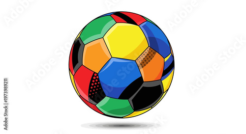 A colorful soccer ball vector illustration with a whimsical design floats against a clean white background, the bright and varied colors creating a playful and energetic mood