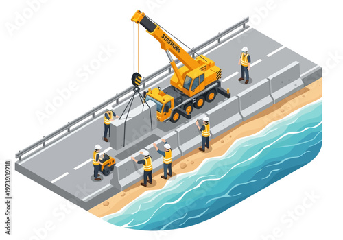 Construction workers using a crane to install barriers along a coastal road