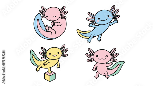 Cute Kawaii Axolotl Cartoon Vector Set. Adorable pastel amphibian characters in playful poses, simple line art illustration.