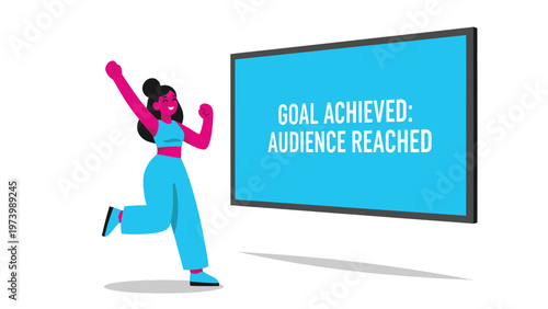 Illustrated woman celebrating 'Goal Achieved: Audience Reached' on screen for marketing success