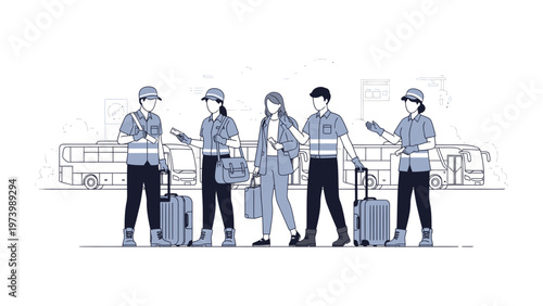 Bus Station Crew & Passengers: Illustrative representation of transport personnel assisting passengers at a bus station, the illustration capturing a sense of order and preparedness.