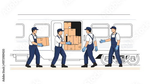 Train Loading: A team of diligent workers meticulously loads packages into a train carriage. Their synchronized efforts symbolize the efficiency and precision of transport. 