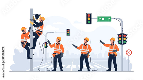 Traffic Signal Repair: A team of dedicated workers efficiently addresses traffic signal maintenance, ensuring safety and functionality.