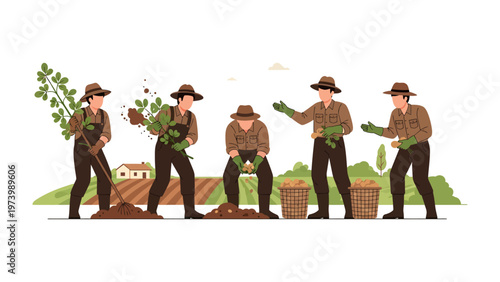 Harvesting Harmony: A collection of figures in the middle of a picturesque setting, the scene portraying the rhythm of farm life, capturing the essence of the work as they collect their harvest.