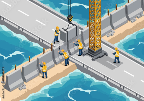 Construction workers building a sea wall to protect a road from erosion, with a crane lifting concrete barriers