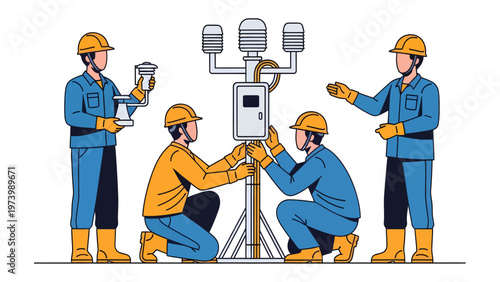 Team Assembling Weather Station: A dedicated team of technicians collaborates to assemble a weather station, their expertise and precision evident in every step. 