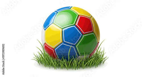 A colorful soccer ball vector illustration resting on green grass against a clean white background showcases vibrant hues and detailed design in a dynamic composition, conveying a playful