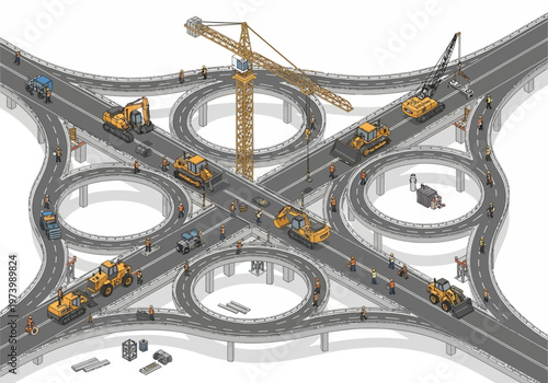 Construction of an intricate highway interchange with heavy machinery and workers, illustrating large-scale infrastructure development
