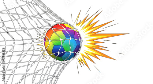 A vibrantly colorful soccer ball, depicted in a vector illustration, powerfully bursts through a net with dynamic energy, set against a clean white background, capturing a sense of action