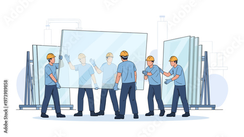 Construction Crew in Action: A group of construction workers, clad in safety helmets and workwear, carefully handle and position a large pane of glass, working collaboratively on a building project. 