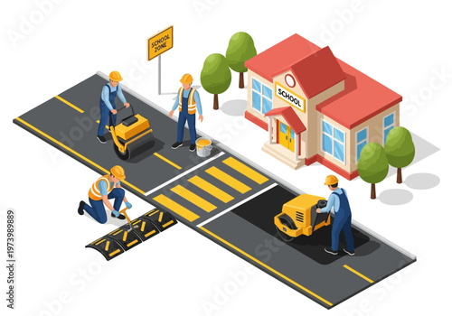 Road construction workers meticulously build a new crosswalk in front of a school building