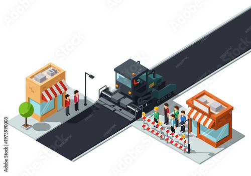 Road construction and repair in progress with asphalt paver and workers, street maintenance