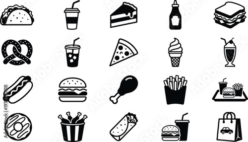 Black silhouette fast food icons set, taco burger pizza fries hotdog sandwich donut cake chicken milkshake soda pretzel burrito design