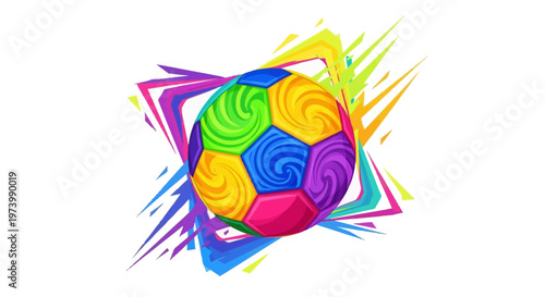 A vibrant vector illustration depicts a colorful soccer ball, styled with dynamic splashes of bright hues and set against a clean white background, creating a playful and eye-catching icon
