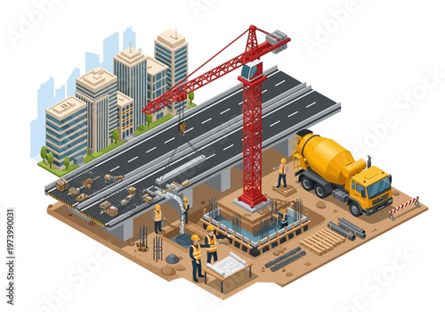 Isometric view of a road construction project with cranes, cement mixers, and workers building a highway bridge