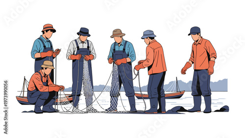 Harmony of the Sea: A dedicated group of fishermen working diligently together. Their camaraderie and expertise are on full display as they expertly handle nets, a true portrait of seaside life.