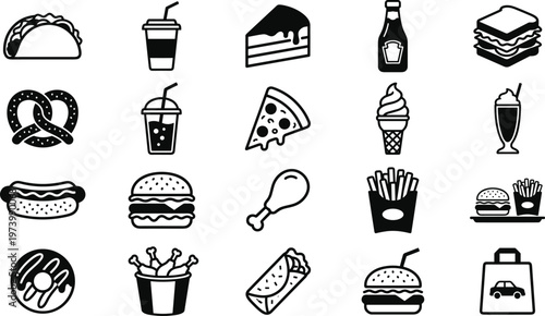 Black silhouette fast food icons set, taco burger pizza fries hotdog sandwich donut cake chicken milkshake soda restaurant design