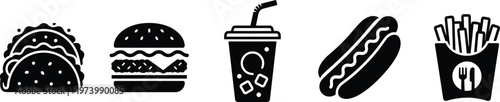Black silhouette fast food icons set, tacos, hamburger, soft drink cup, hot dog, French fries container, snack food illustration design