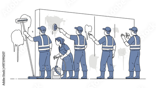 Erasing Graffiti: Group of individuals diligently work together, erasing graffiti from a wall, restoring its clean appearance.