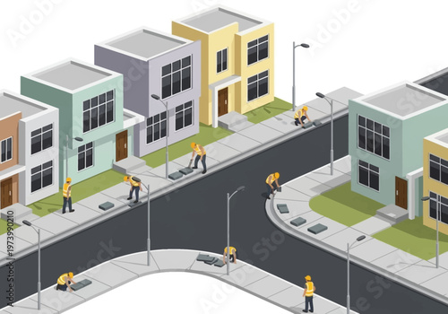 Urban street maintenance and renovation with workers performing road repairs and sidewalk construction