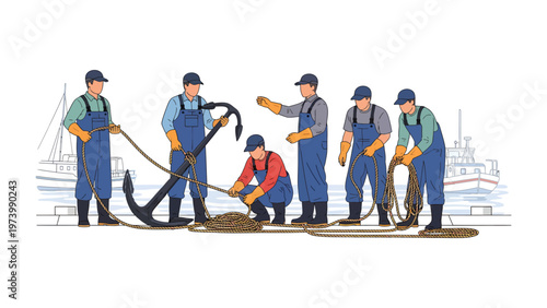The Maritime Crew at Work: A group of skilled seamen diligently collaborate, securing a large anchor along a serene waterfront, embodying unity and teamwork.