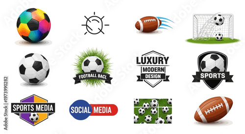 A vibrant collection showcases vector illustrations of soccer balls, with one featuring a colorful design, alongside icons and emblems related to sports, all presented against a clean
