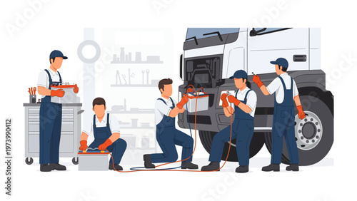 Teamwork in Mechanics: A skilled team of mechanics collaborates on the repair and maintenance of a large truck, symbolizing efficiency and expertise.