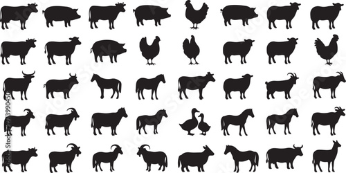 Farm animals silhouettes on white background illustration set