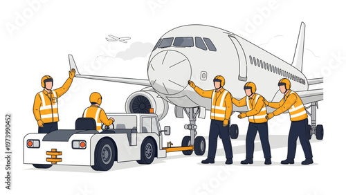 Guiding Aircraft: Aviation personnel carefully direct an aircraft with a specialized tug, highlighting the precision and teamwork essential in the aviation industry.