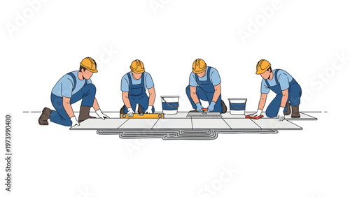 Tile Installation Process: A visual guide depicting a sequence of skilled construction workers meticulously installing ceramic tiles, illustrating the steps involved in a professional tiling project.