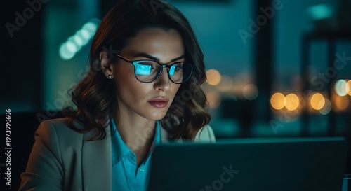 Businesswoman wearing glasses working late on laptop computer in dark office with blue screen light reflection and city bokeh background lights