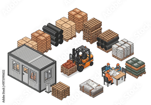 Industrial logistics and construction site with workers, forklift, and portable office