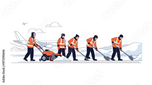 Aviation Ground Crew Clearing Snow: Dedicated ground crew members work diligently to clear snow from an aviation runway, ensuring safe flight operations during winter weather. 